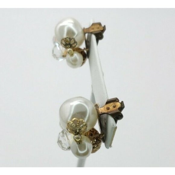 Earrings Clip On Faux Pearl AB Rhinestone Vintage - Picture 5 of 12